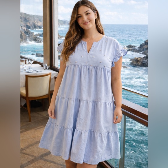 Philosophy Dresses & Skirts - Philosophy Blue Ruffle Slv Baby Doll Sz L 100% Cotton Spring Break Resort Summer